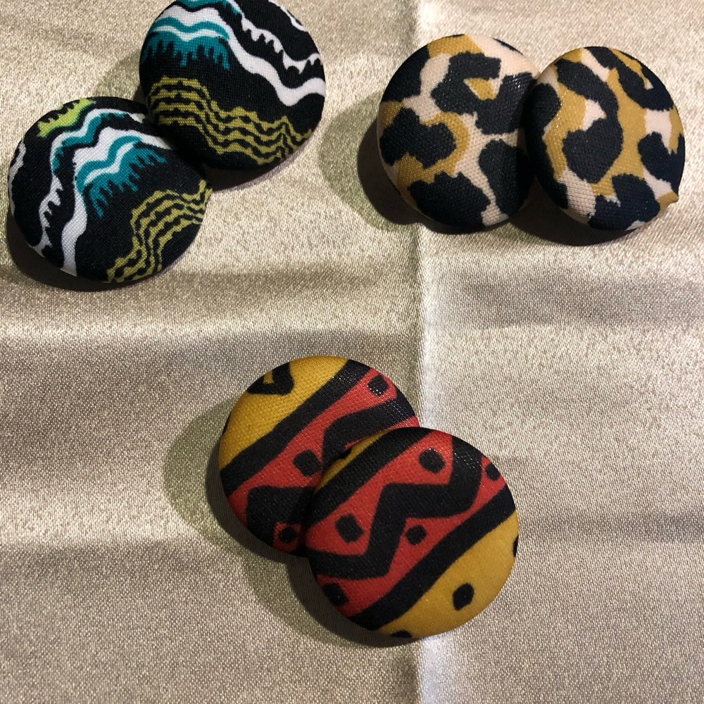 Patterned Fabric Button Earrings - Yellow, Black, Red, Teal